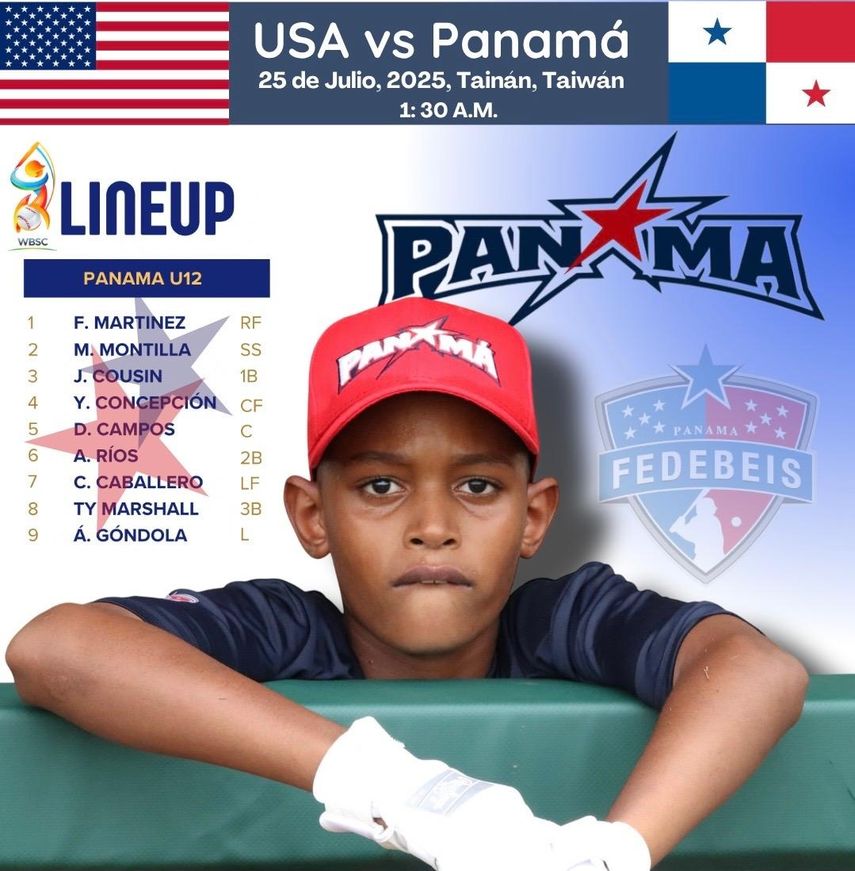 Alineación de Panamá para enfrentar a USA en su debut en la Copa Mundial de Béisbol U12