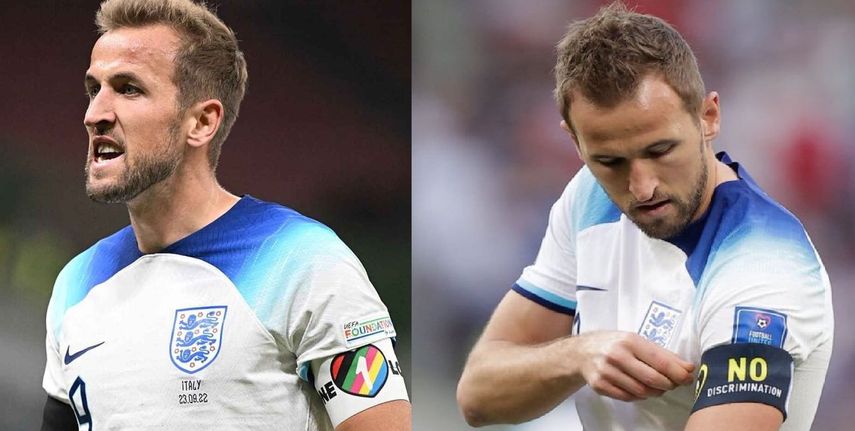 A la derecha Kane con al brazalete One Love y a la hizquierda con la banda que utiliza en el partido ante Irán.